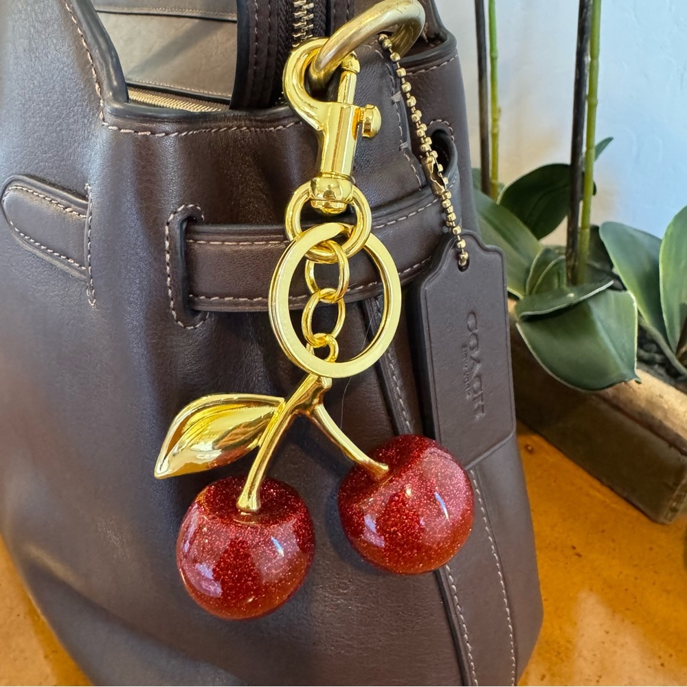 Cherry Gold Keychain Bag Charm – Sparkle Red – Resin & Brass Alloy – 4.72" - Picture 1 of 7